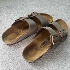 Birkenstock Arizona Two-Strap Sandals in Olive with Copper Buckles